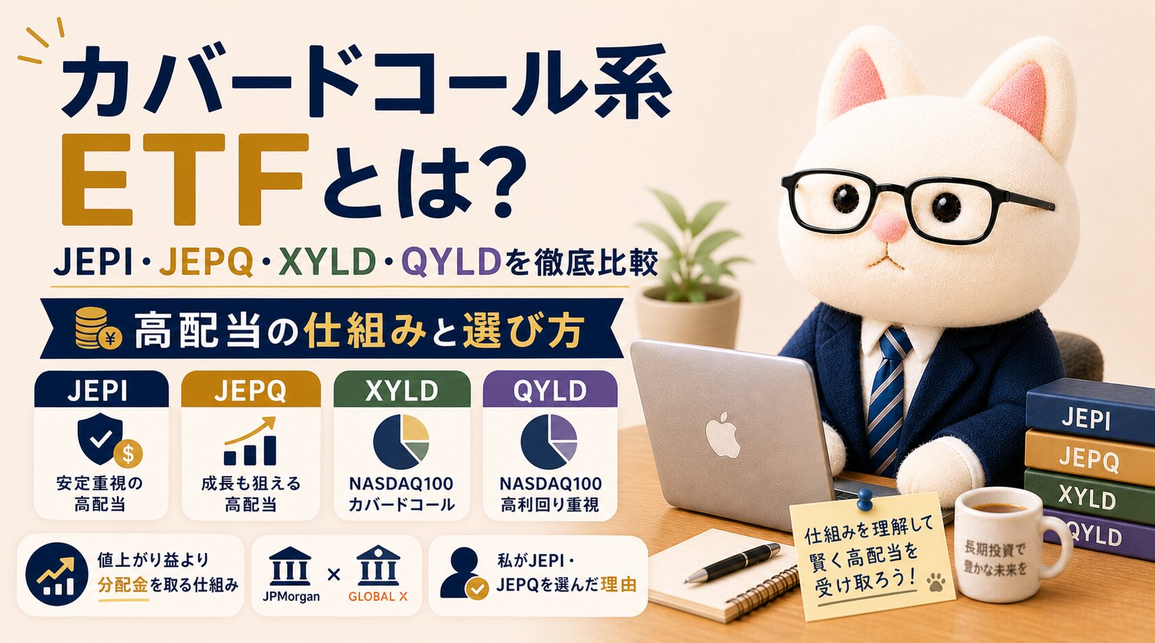 カバードコール系ETFとは？JEPI・JEPQ・XYLD・QYLDを徹底比較｜高配当の仕組みと選び方