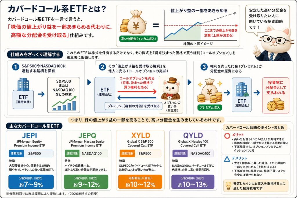 カバードコール系ETFの仕組みとJEPI・JEPQ・XYLD・QYLDの分配利回り比較図