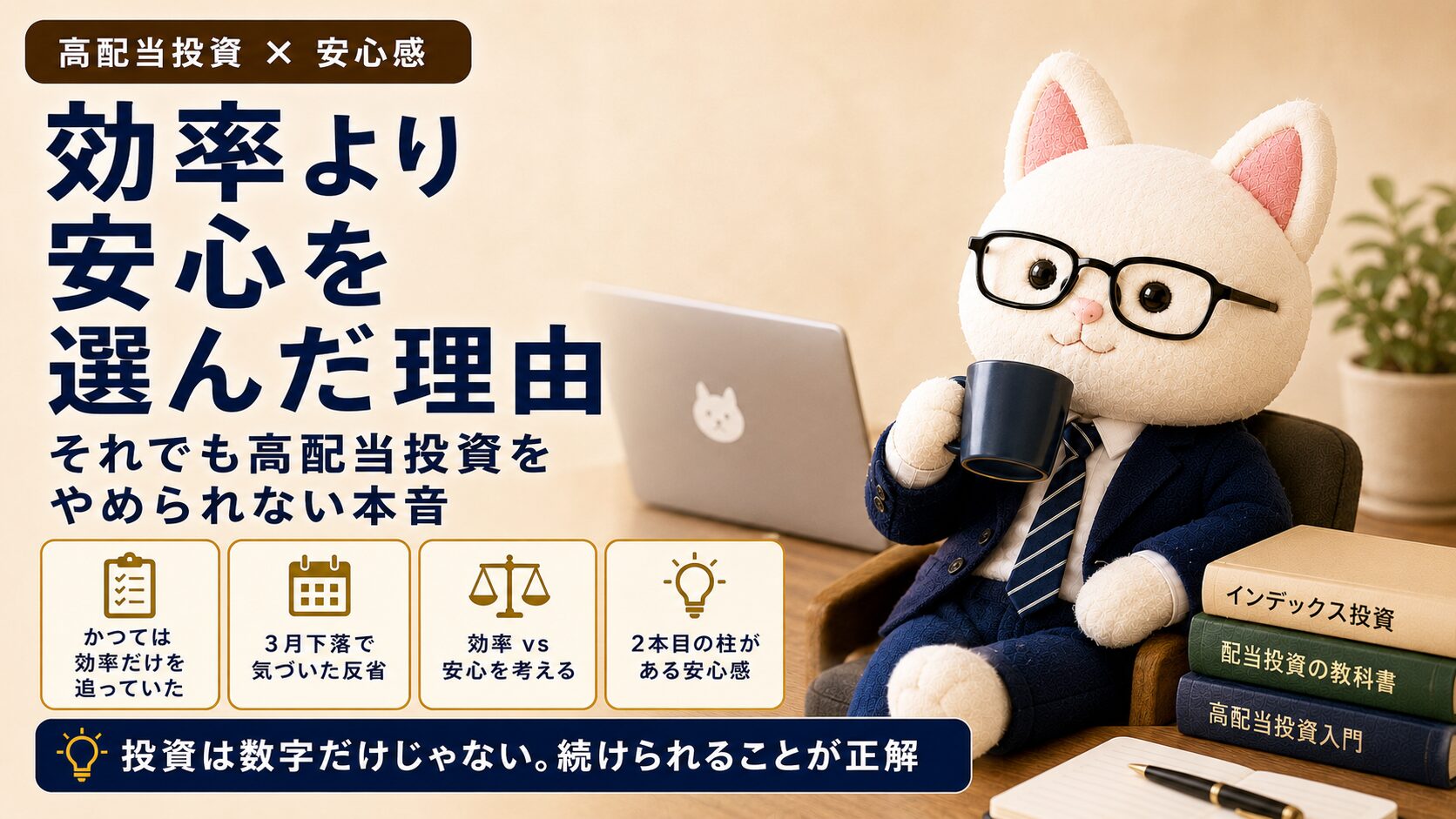 効率より安心を選ぶ理由を考える白猫キャラクター｜たごさくのFIRE戦略