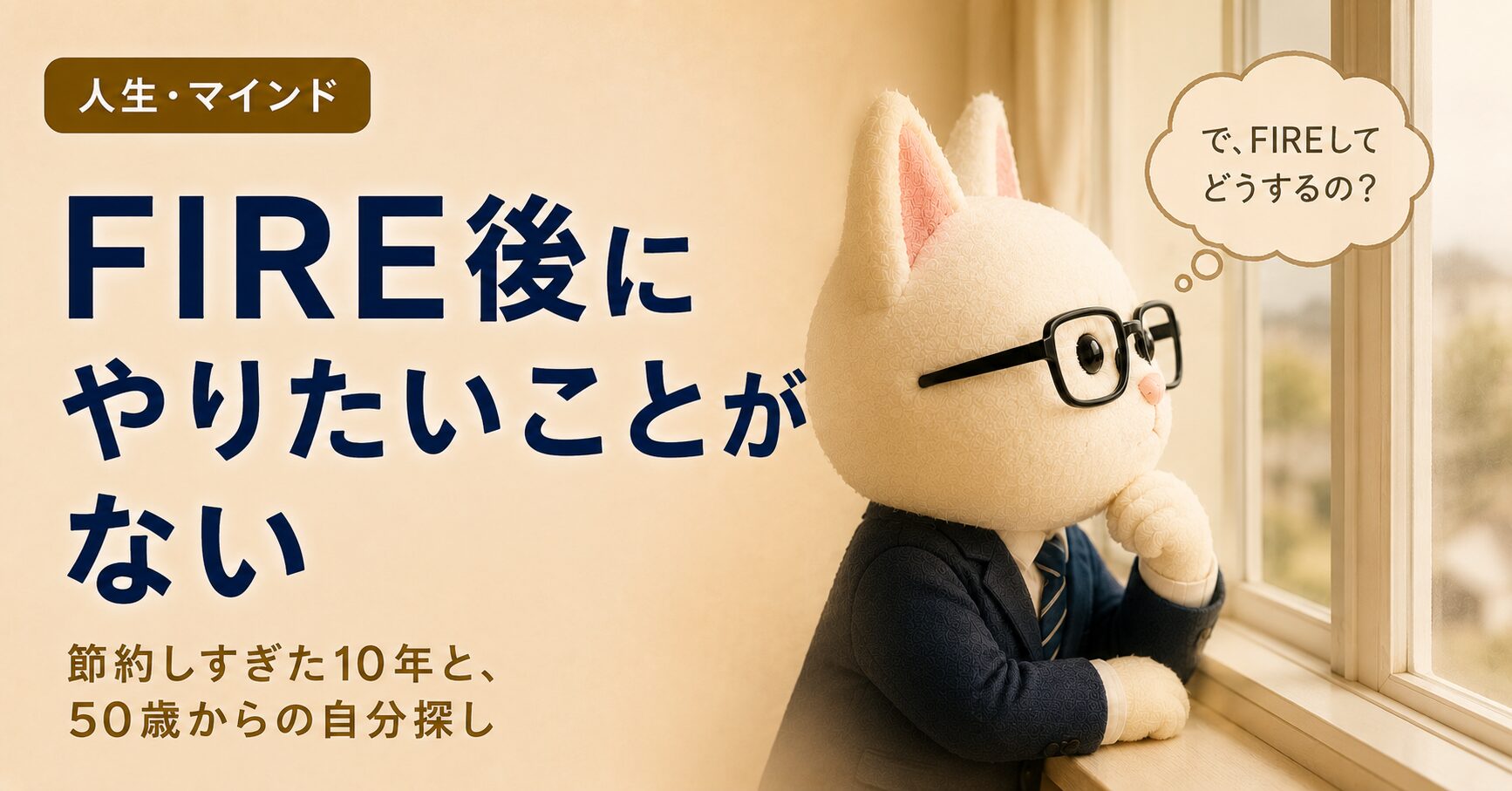FIRE後にやりたいことが見つからず窓の外をぼんやり眺める白猫キャラクター｜たごさくのFIRE戦略
