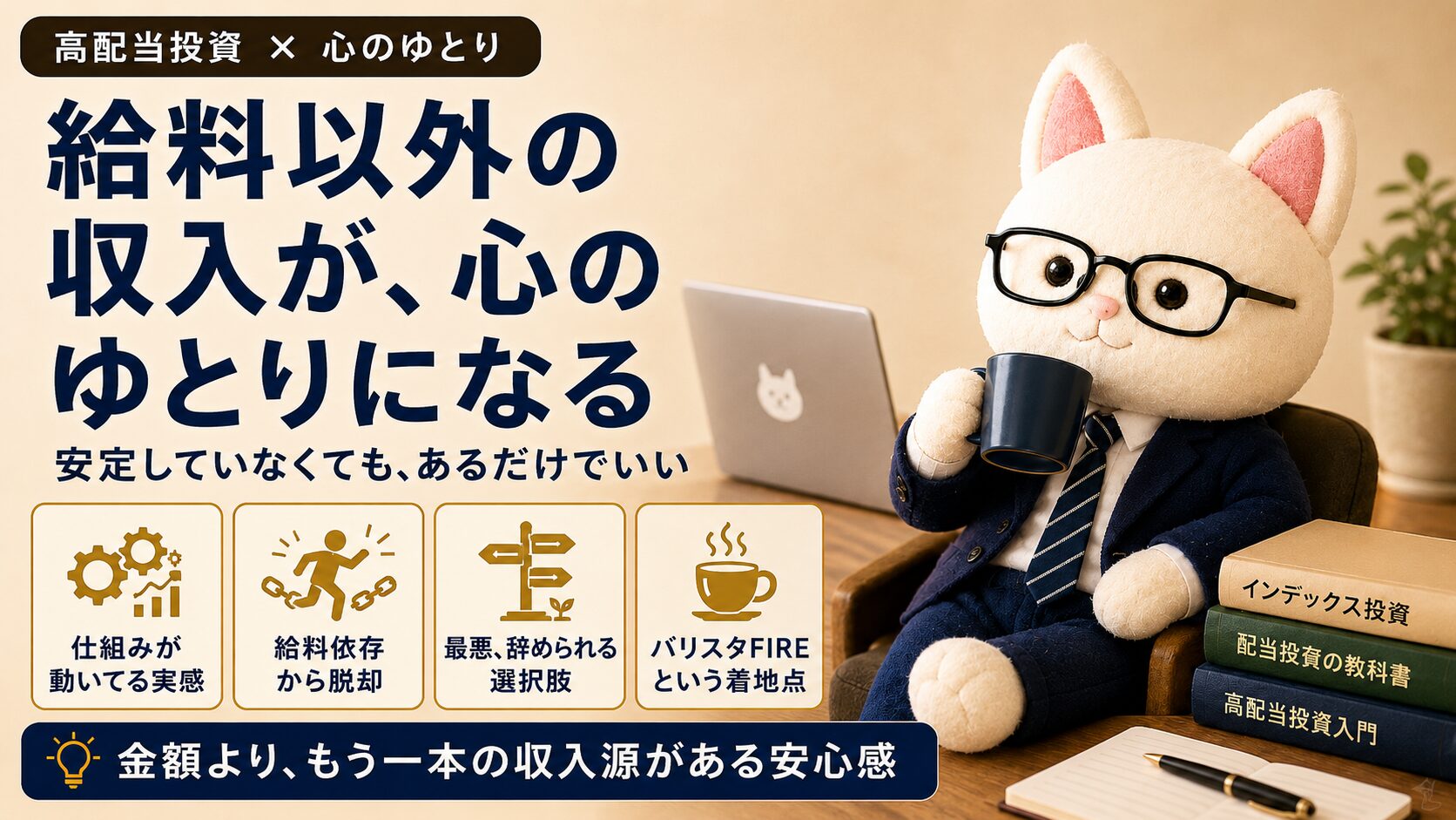 スーツ姿の白猫キャラがコーヒーを飲みながらくつろいでいるイラスト。「給料以外の収入が、心のゆとりになる」というテキストが入ったアイキャッチ画像。