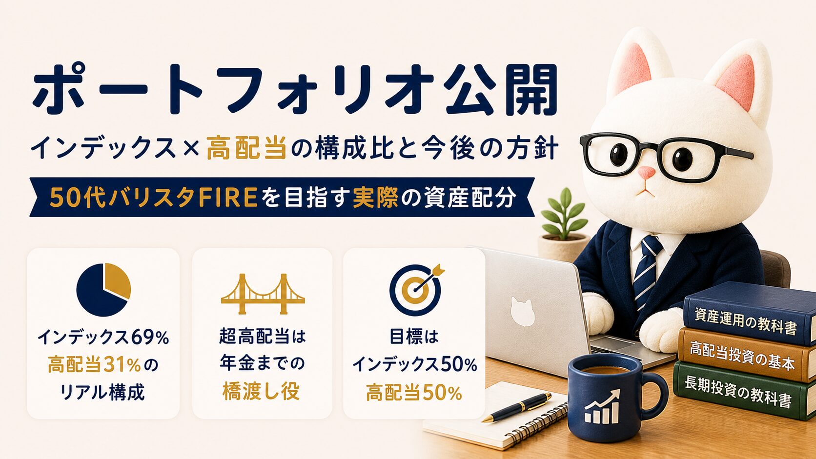 50代バリスタFIREを目指すポートフォリオ公開のアイキャッチ。インデックス69%・高配当31%のリアル構成、超高配当は年金までの橋渡し役、目標はインデックス50%・高配当50%を図解。羊毛フェルト風白猫キャラクターがMacBookで作業中。