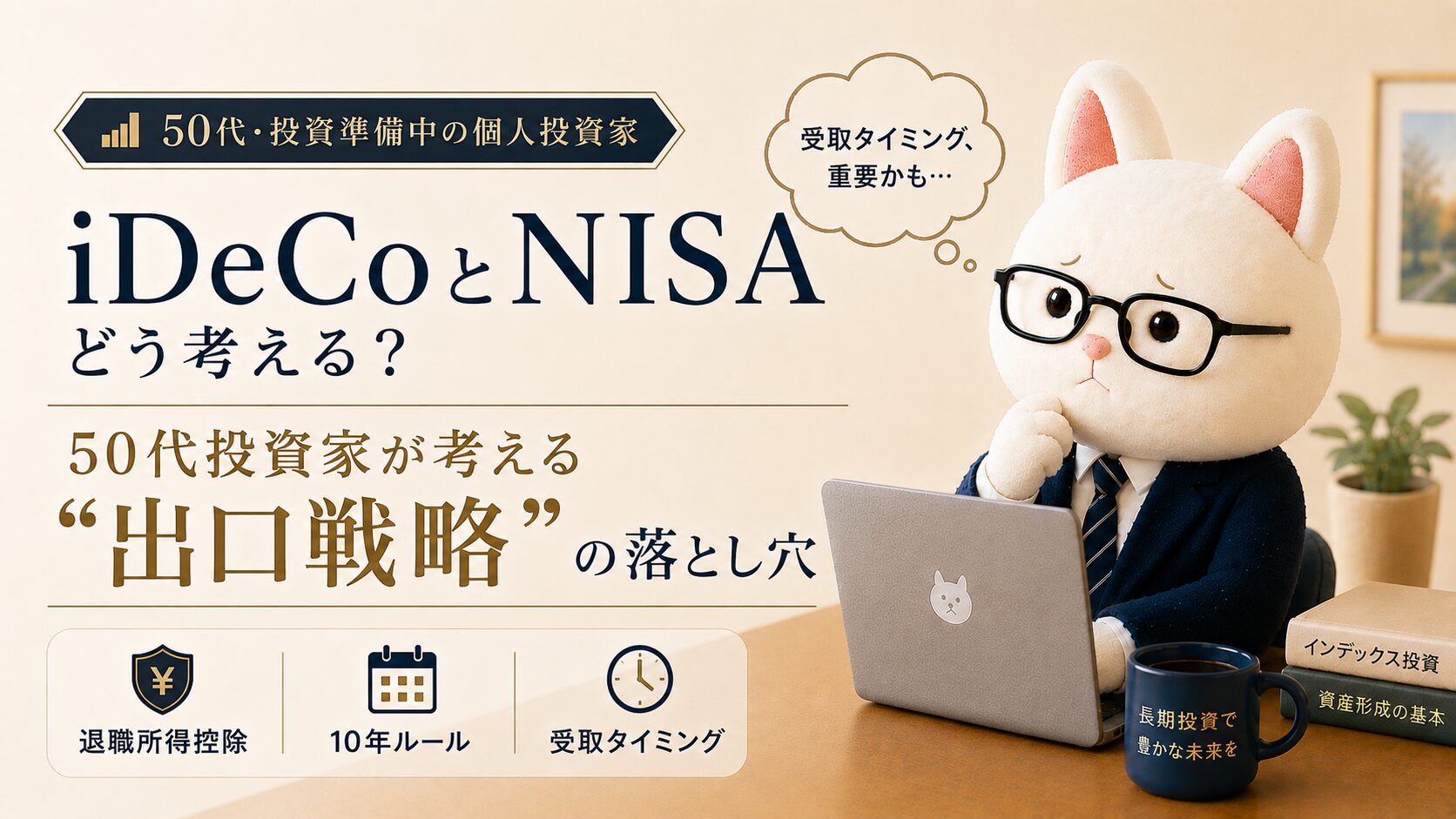 50代の個人投資家をイメージした白猫キャラクターが、iDeCoとNISAの出口戦略について悩みながらPCを見ている投資ブログ用アイキャッチ画像。「iDeCoとNISA どう考える？」「50代投資家が考える“出口戦略”の落とし穴」というタイトルと、「退職所得控除」「10年ルール」「受取タイミング」の要素を掲載。