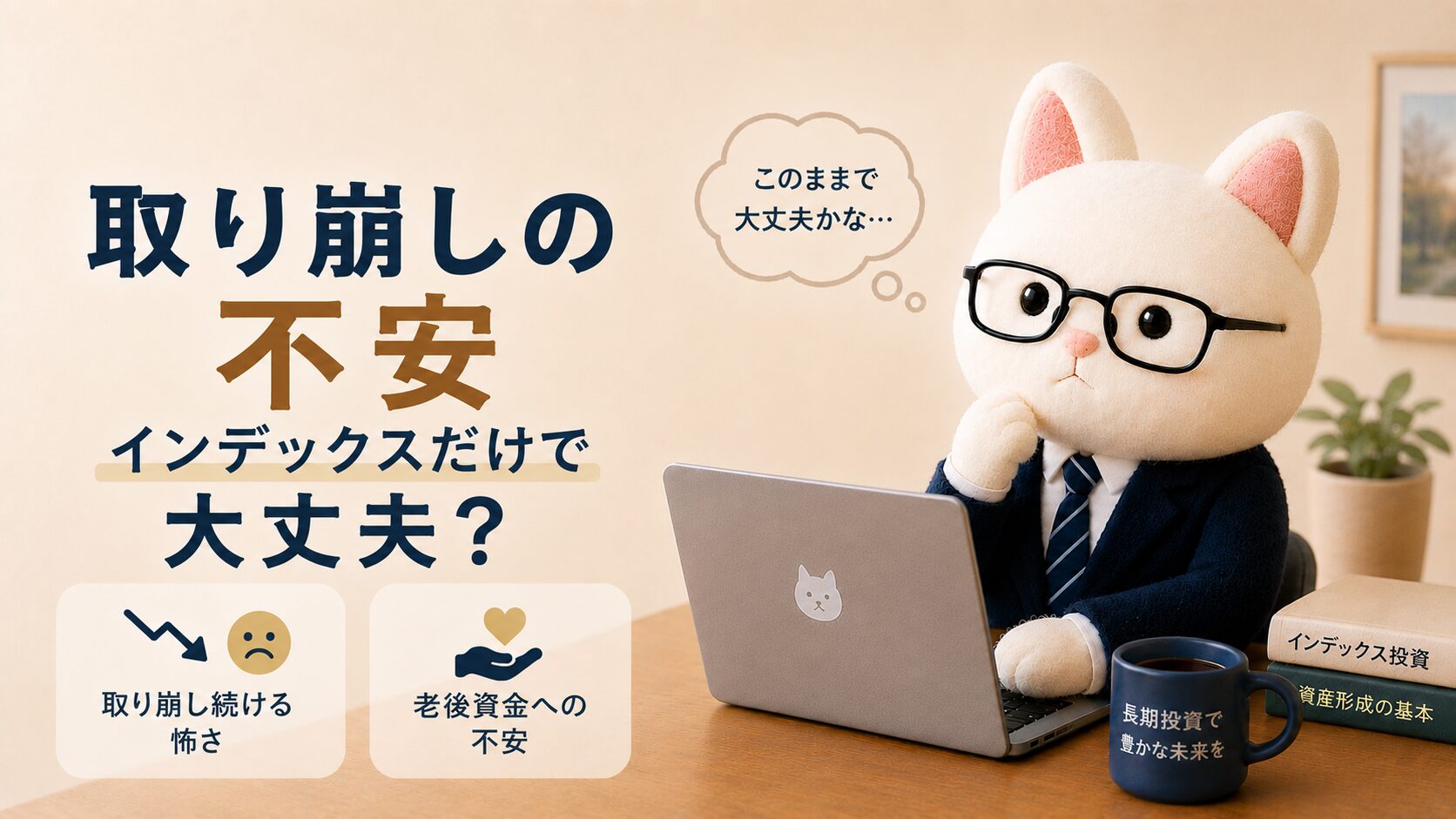 50代になり、インデックス投資の取り崩し不安について考える白猫キャラクター。FIRE後の老後資金や配当収入への安心感をテーマにしたアイキャッチ画像。