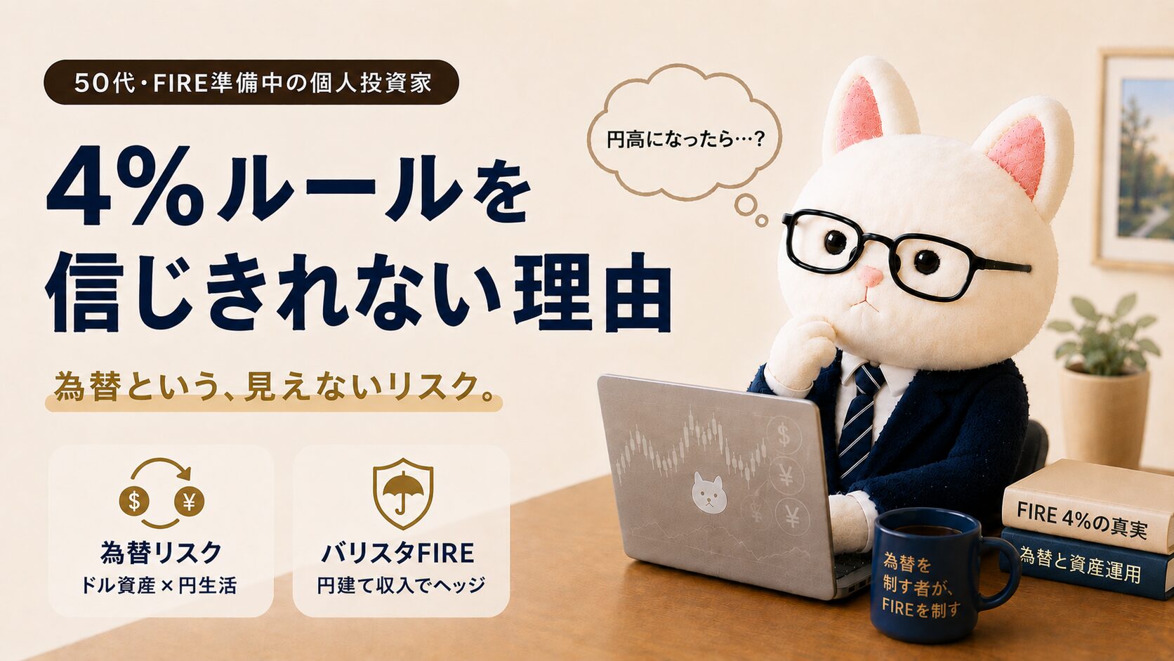 4%ルールを信じきれない理由｜為替という見えないリスクを考える白猫キャラクターのアイキャッチ画像