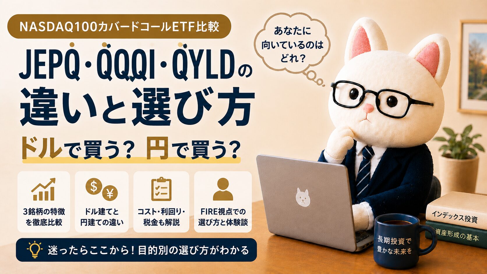 50代FIRE準備世代向けに、JEPQ・QQQI・QYLDの違いと選び方を解説するNASDAQ100カバードコールETF比較アイキャッチ。ドル建て・円建て比較やFIRE視点での選び方を紹介。