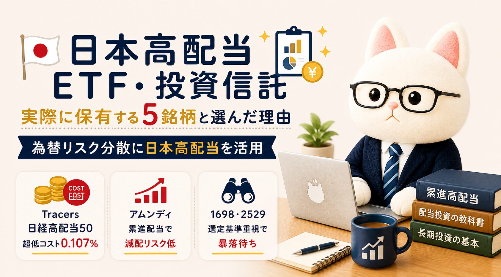 日本高配当ETF・投資信託｜実際に保有する5銘柄と選んだ理由。Tracers・アムンディ・1698・2529の特徴を紹介するブログ記事のアイキャッチ。
