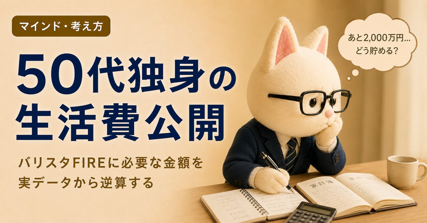 50代独身会社員の白猫キャラクターが家計簿と電卓を前に考え込んでいるイラスト。バリスタFIREに必要な金額を逆算する記事のアイキャッチ画像。