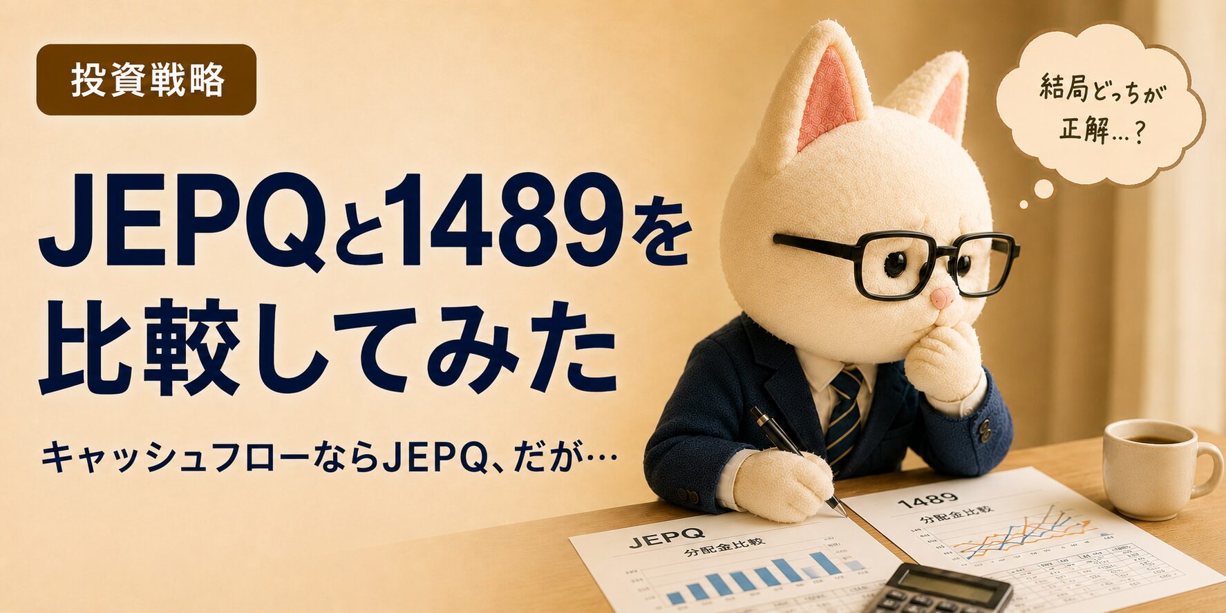 JEPQと1489の分配金比較を考える白猫キャラクター